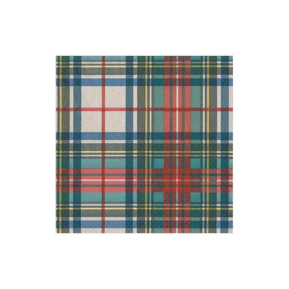 Triple-ply cocktail napkin featuring a red and green tartan pattern with white accents.