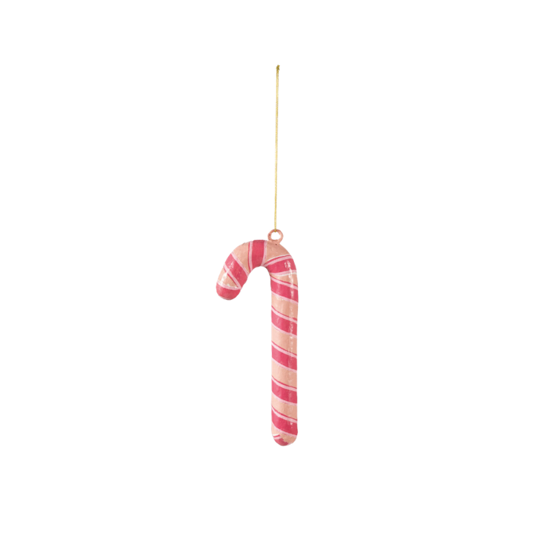 Handcrafted pink and red striped metal and paper mache candy cane ornament with a gold hanging loop.