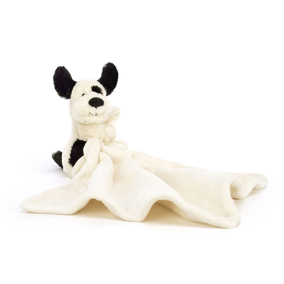 Bashful Black & Cream puppy soother with embroidered eye made from recycled polyester.