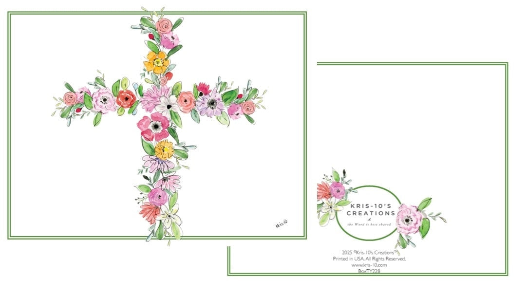 Floral Cross Boxed Notes featuring a watercolor flower cross design on a white card with green border