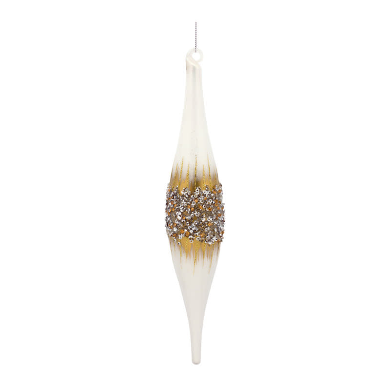 Glass drop ornament with white and gold tones featuring beaded accents on a string.