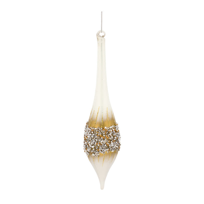 Glass drop ornament with white and gold tones featuring beaded accents on a string.