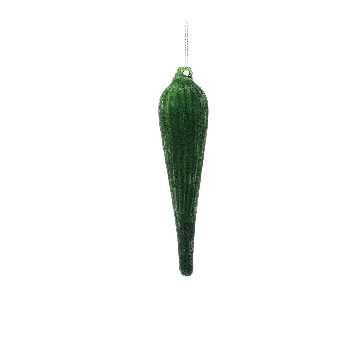 Hand-blown glass teardrop ornament with fluted texture and shimmering finish.