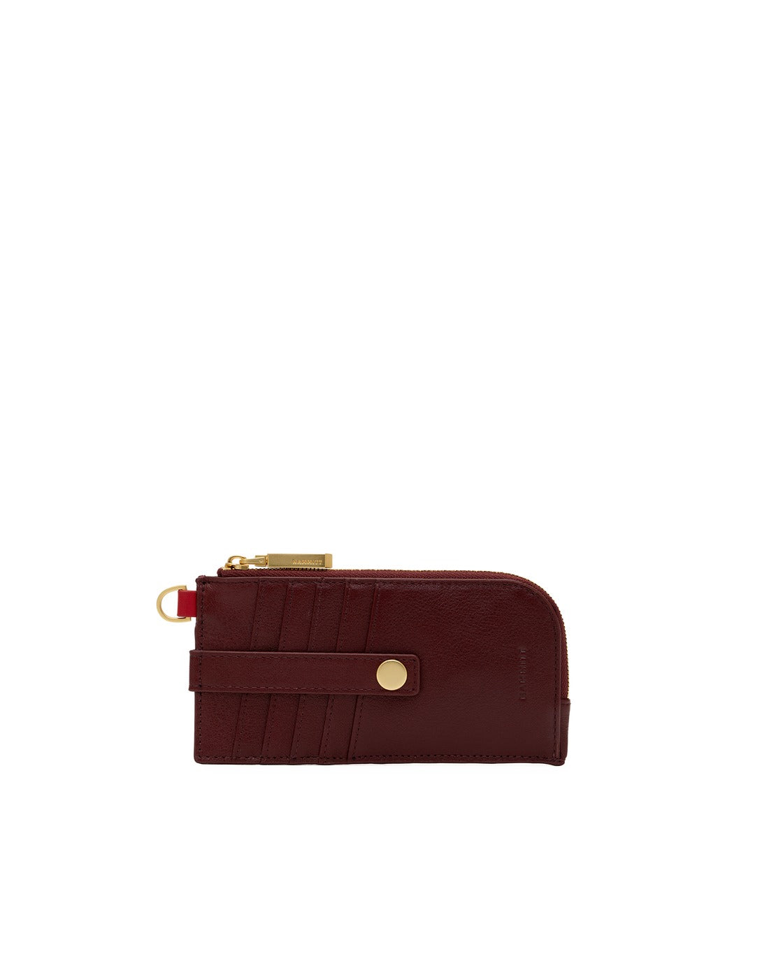 Cherrywood pebble leather 210 East wallet with brushed gold hardware and card slots.