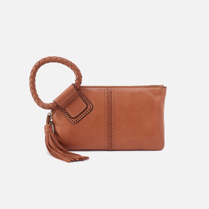 Sable Harvest Wheat leather wristlet with brass hardware