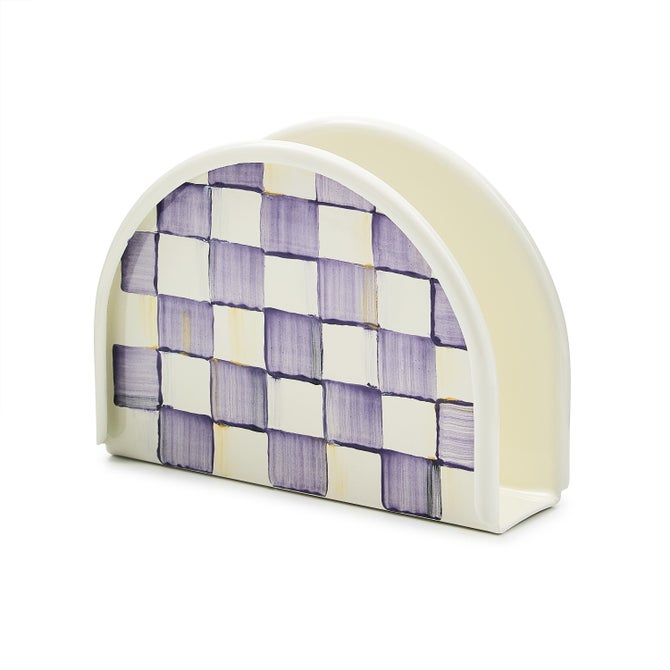 Violet checkered napkin holder with a rectangular shape measuring 6 inches long.