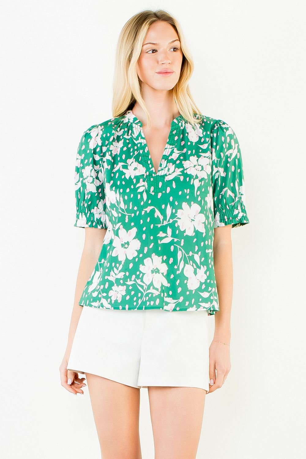 Hannah Floral Print With Ruffled Neck And Sleeve Top