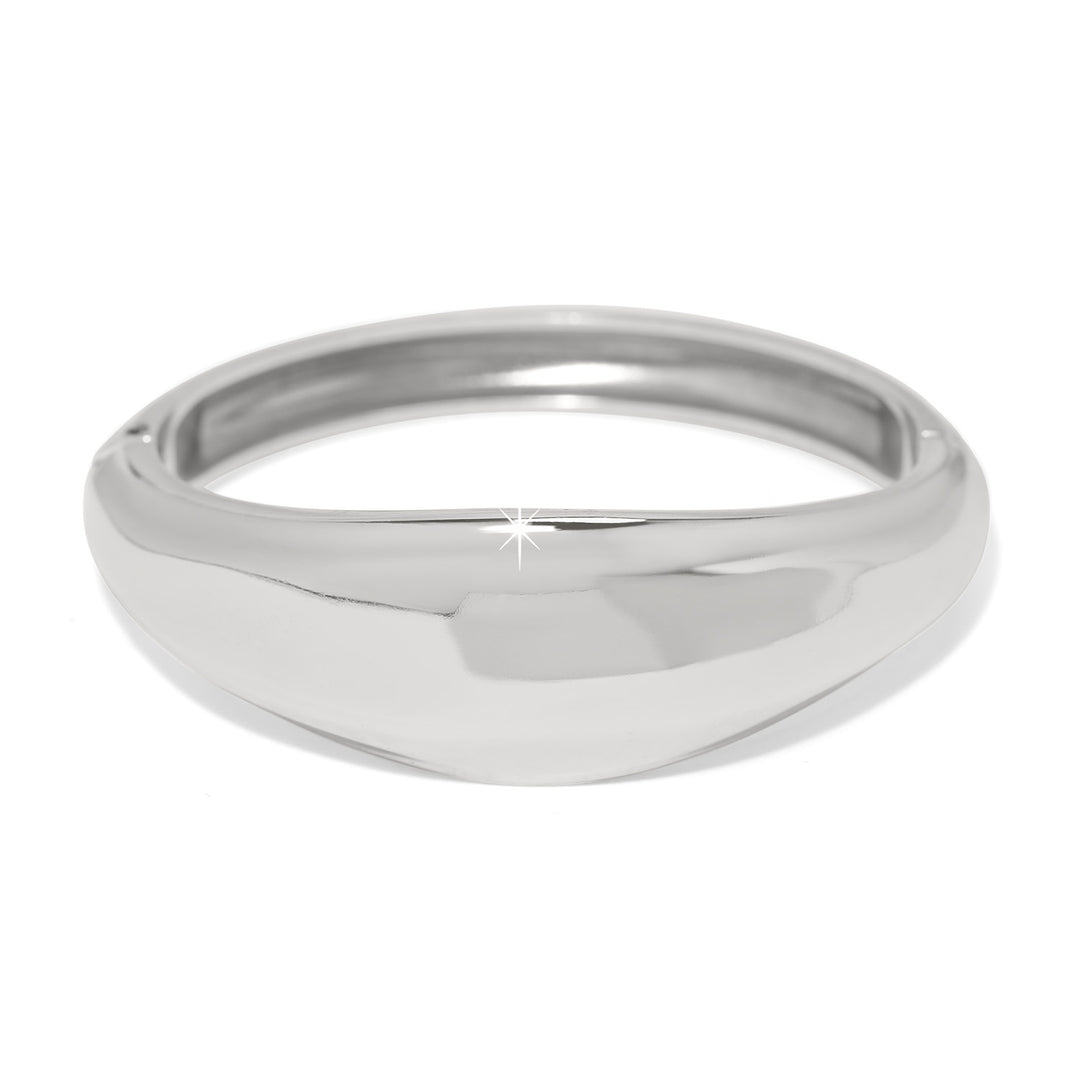 Cascade Lumina silver plated hinged bangle with a wide, polished dome design.