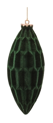 Dark green resin ornament with velvet finish in an oval shape measuring six inches tall.
