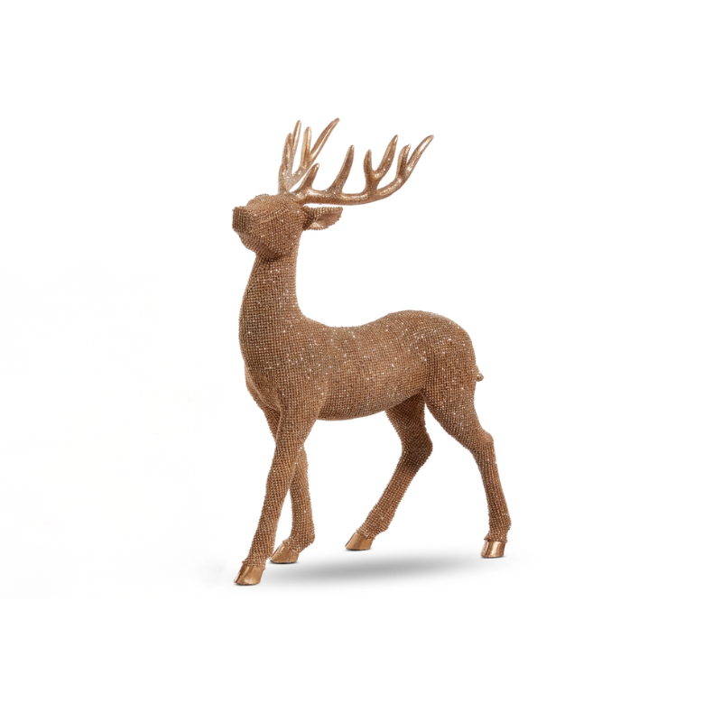 Standing bronze glittered deer figurine with large antlers and a shimmering textured finish.