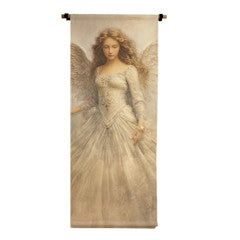 Vertical canvas scroll featuring a blonde angel in a white, long-sleeved gown with intricate lace details and flowing skirt.