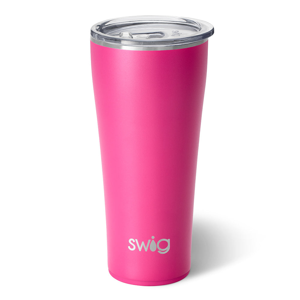 A 32oz hot pink stainless steel tumbler with a slim silhouette and a clear lid.