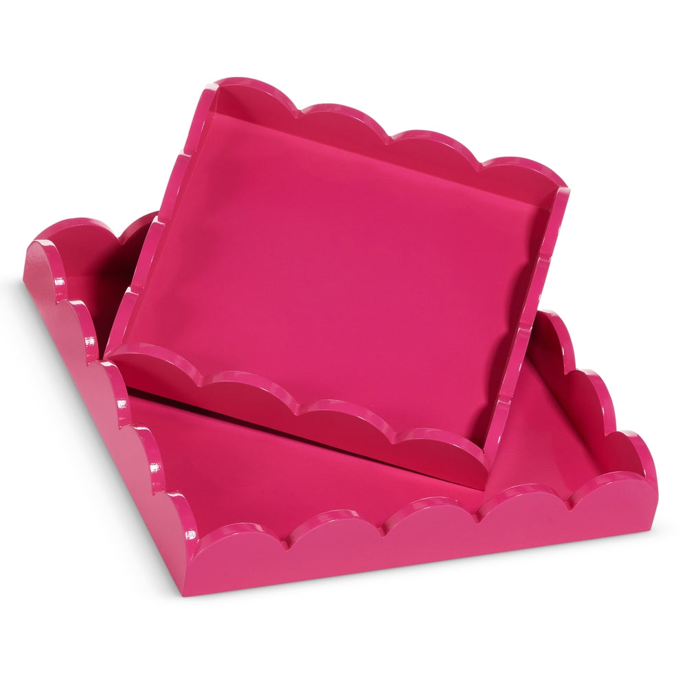 Pink scalloped MDF decorative tray measuring 12 inches by 12 inches.