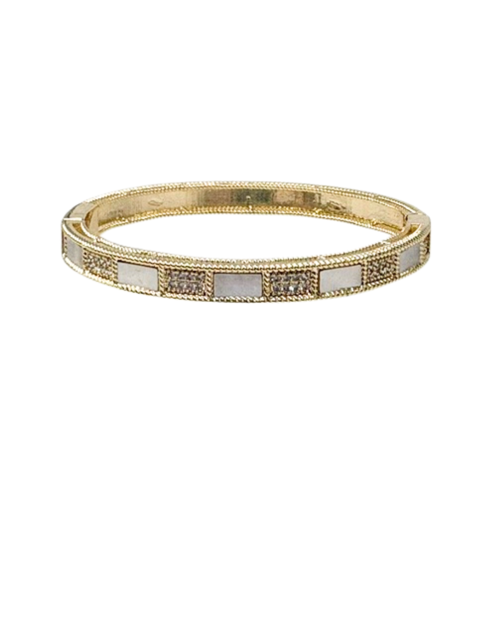 Gold-dipped bangle bracelet with alternating rectangular pave CZ stone and polished metal sections.