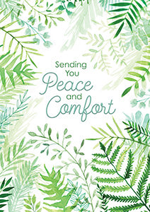 Sending you peace and comfort card with green foliage border.