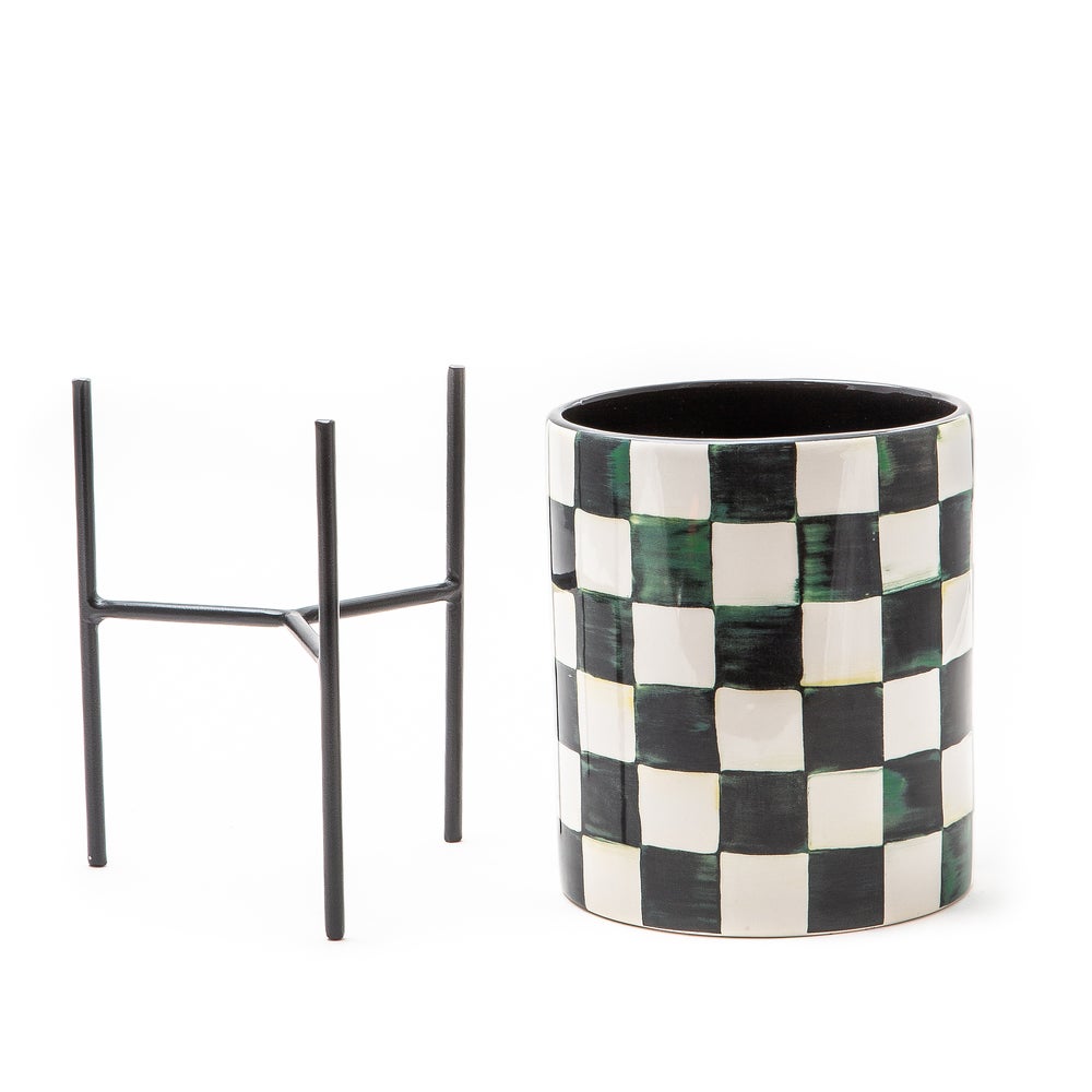 Courtly Check tabletop planter featuring a square ceramic pot with a black-and-white checkered pattern and rounded silhouette.