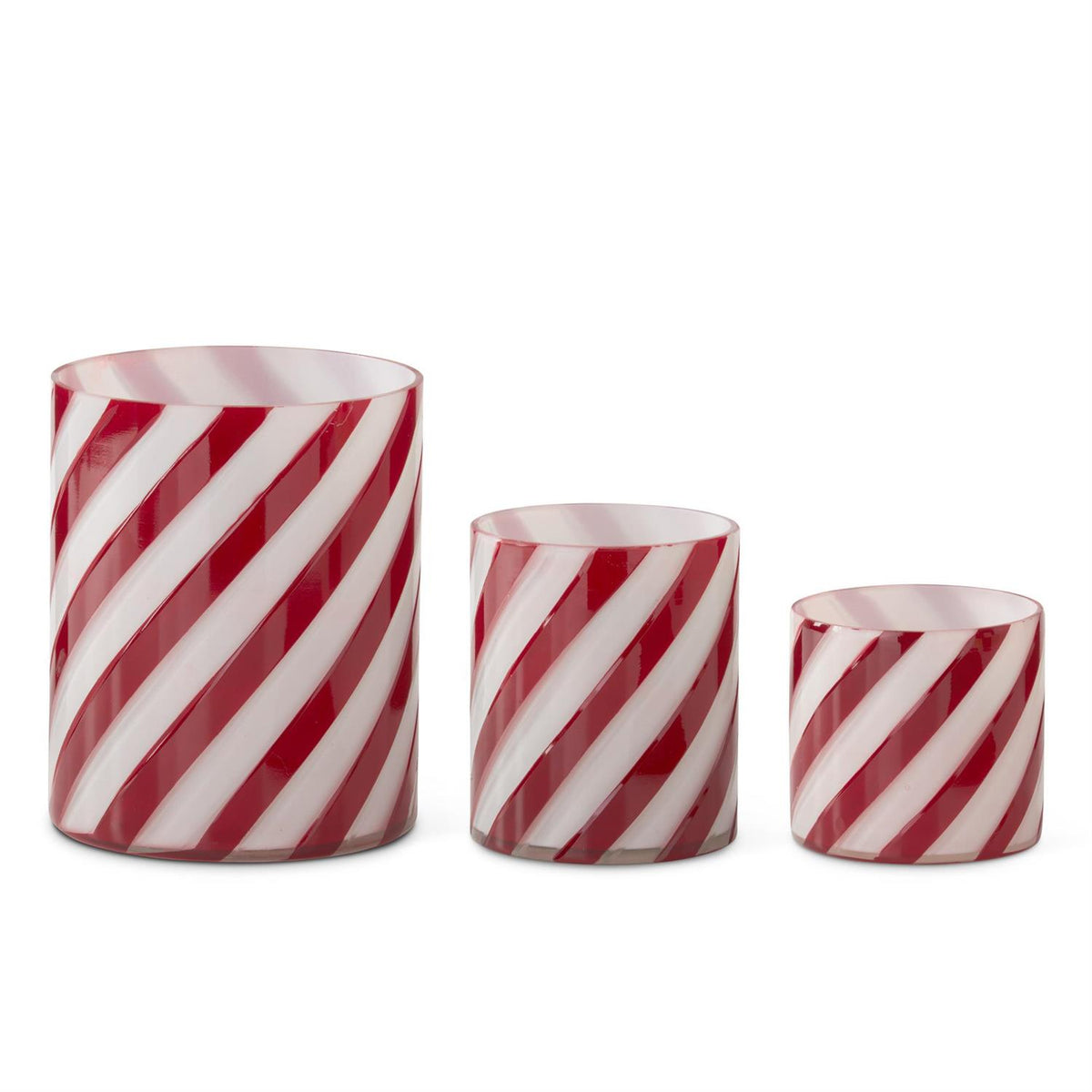Red and white glass swirl containers with a glossy finish