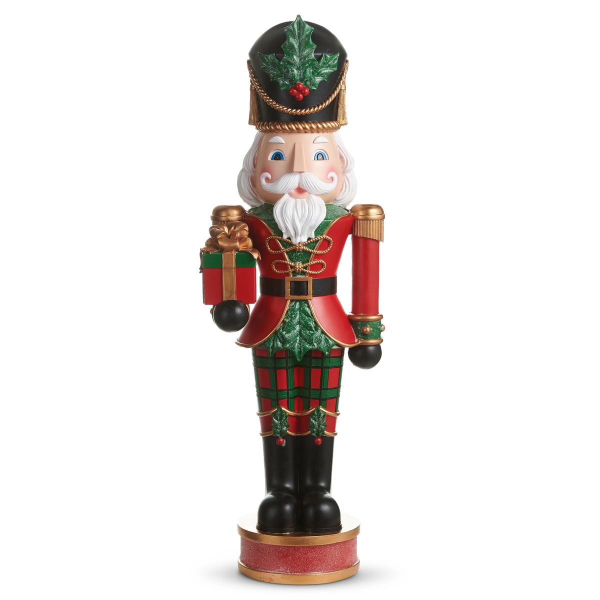 32-inch nutcracker figure in a red jacket and plaid pants holding a gift box.
