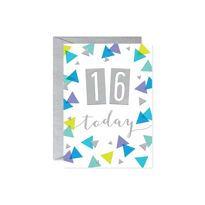 A 16th birthday card with a silver border and a pattern of colorful triangles. The card reads '16 today'.