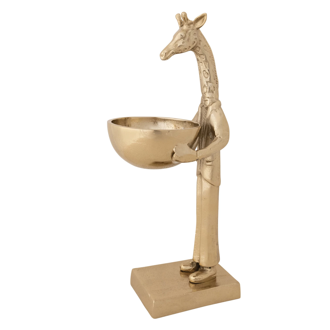 Cast Aluminum Giraffe Holding Bowl, Gold Finish