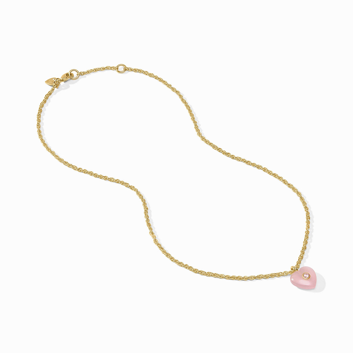 Delicate heart pendant necklace in pink quartz with gold plating on a chain