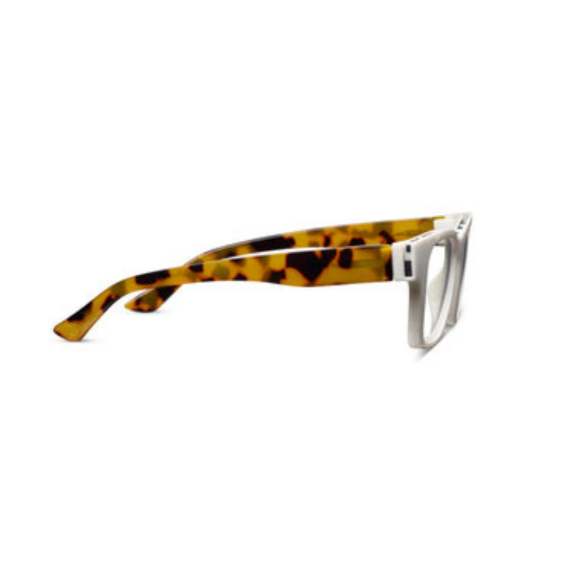 Side view of Bernadette glasses with white frames and tortoiseshell patterned temples.