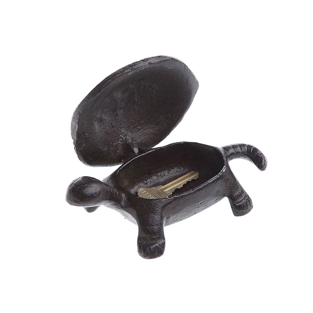 Cast iron decorative turtle-shaped key box in dark finish with textured shell pattern.