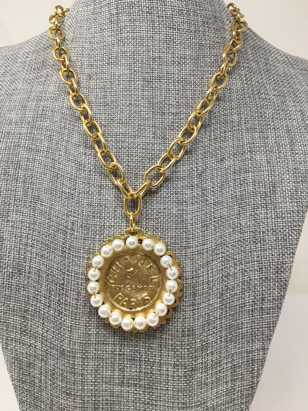 9" Gold Link Necklace with Chanel Type Coin with Pearls