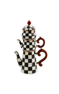 Check stackable coffee set with a black and white checkered pattern, brown handles, and a red knob.