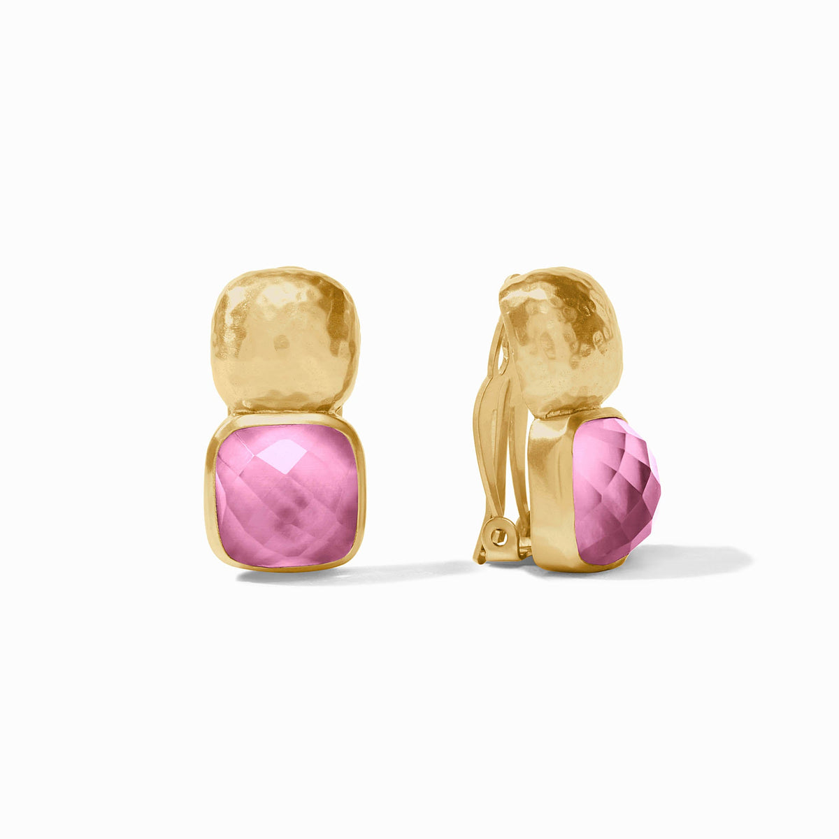 Catalina Clip earrings in 24K gold plate with hammered texture and faceted pink glass stones.