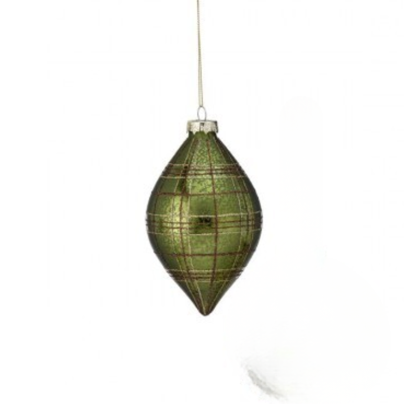 Green glass teardrop ornament with a gold and red glitter plaid pattern.