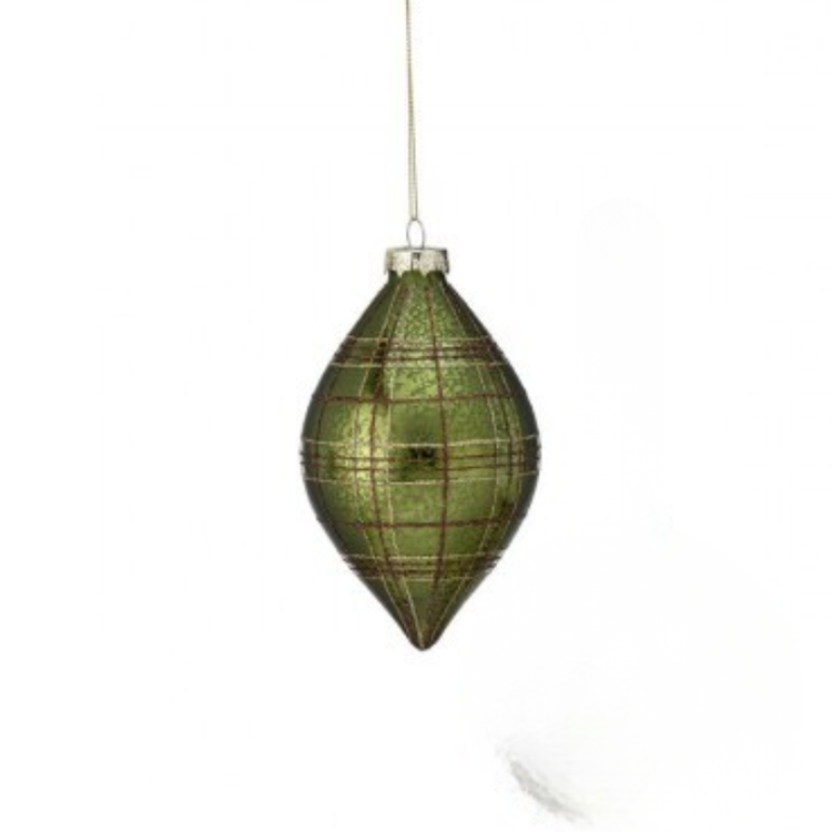 Green glass teardrop ornament with a gold and red glitter plaid pattern.