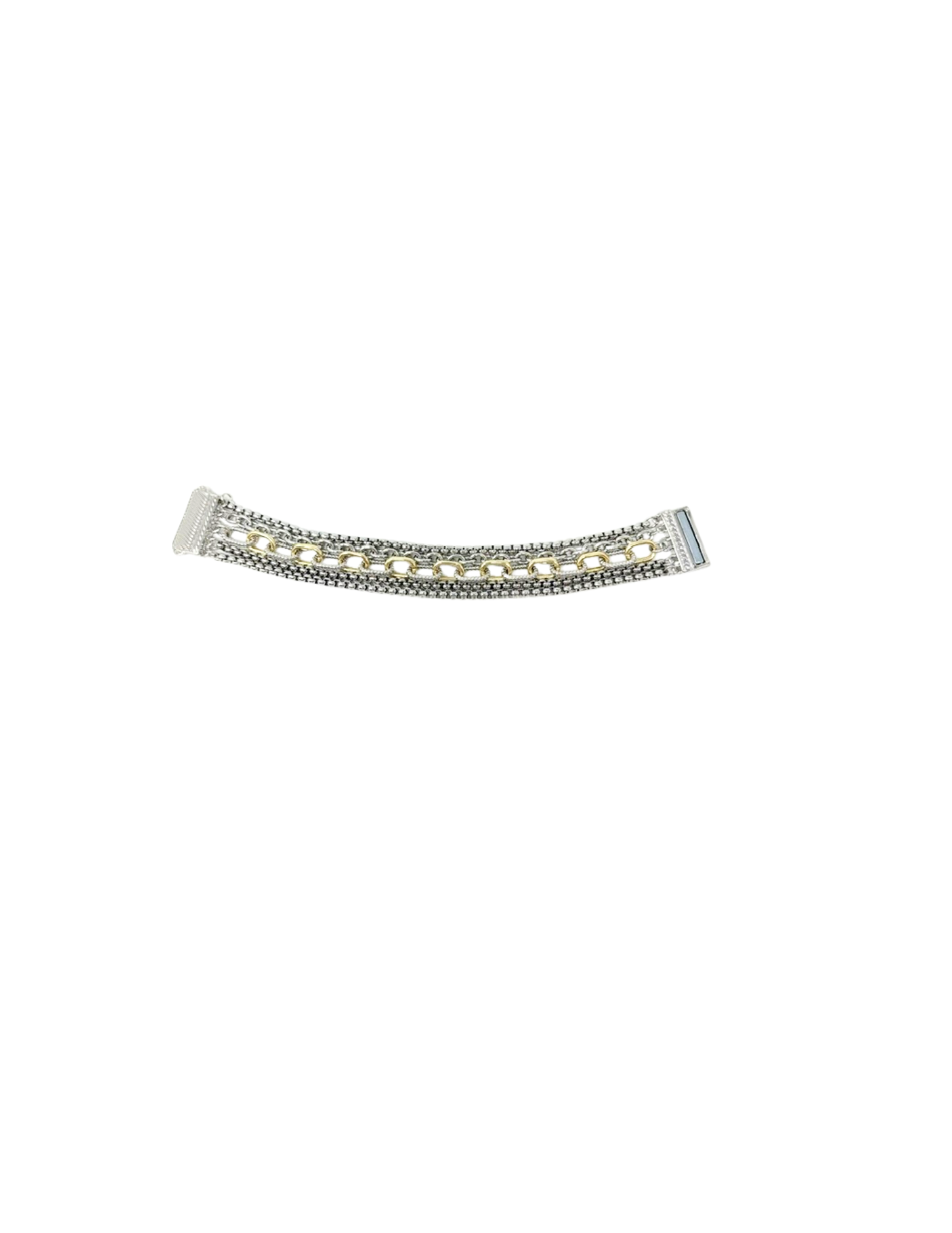 Multi-strand bracelet featuring silver-tone box chains and a central gold-tone link chain.