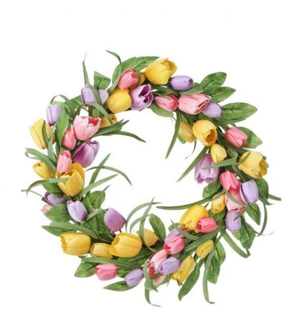 A round tulip garden wreath with a natural wood finish featuring twenty-four artificial tulips in mixed pastel shades.