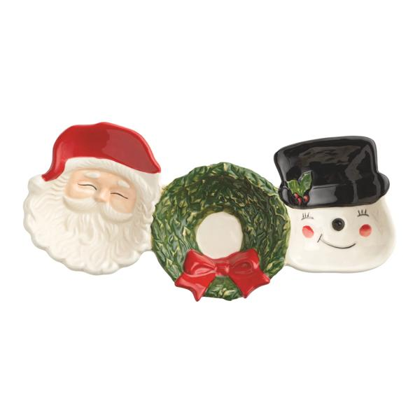 Christmas triple dip dish featuring a Santa Claus face, a green wreath, and a snowman face.