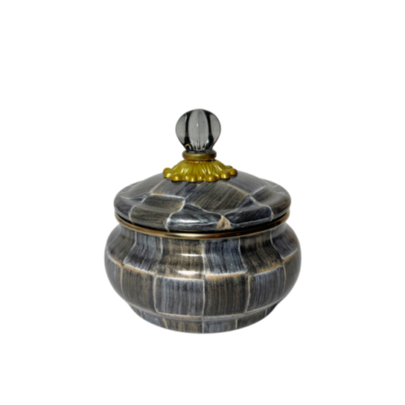 Sophisticheck Squashed Pot with hand-painted checkered pattern, brass accents, and a glass lid knob.
