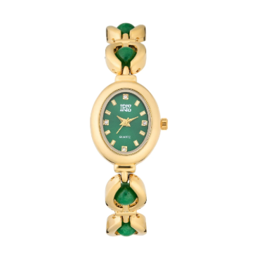 Ladies gold-tone oval watch with a green dial and matching green beaded bracelet links.