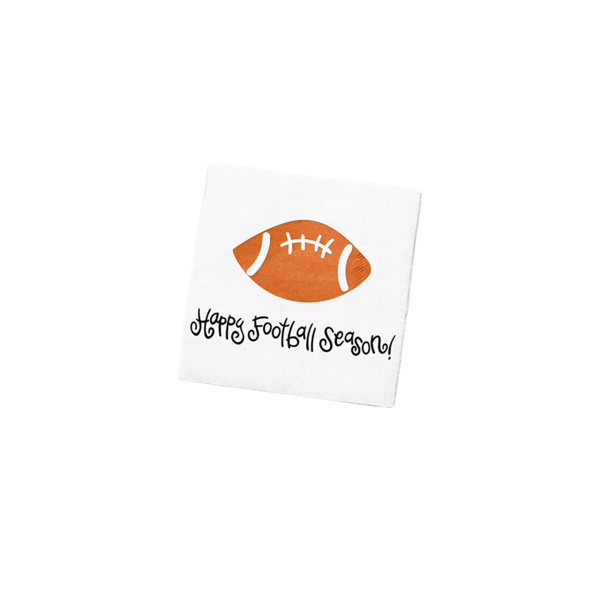 White cocktail napkin featuring a brown football and the text Happy Football Season!