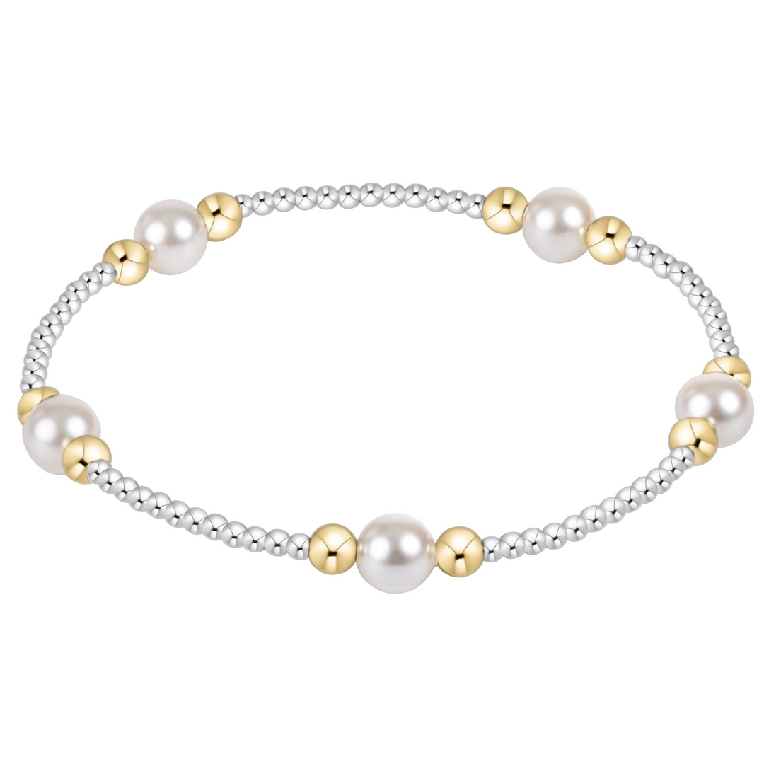 Purpose Pearl 6mm mixed metal bracelet with sterling silver, gold-filled beads, and crystal pearls.