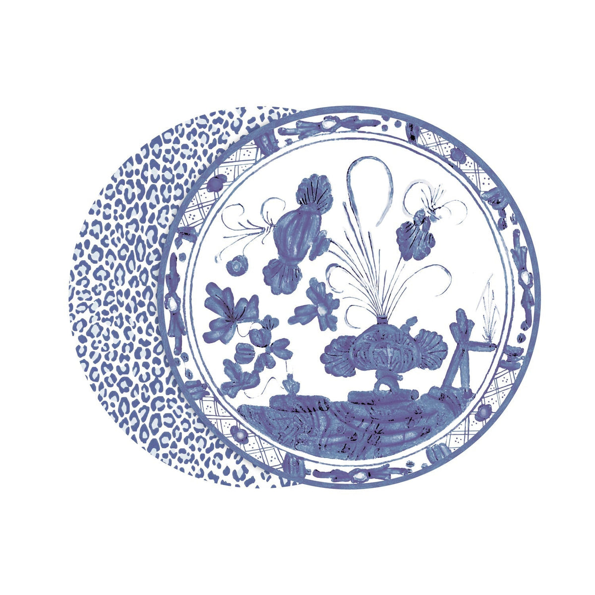 Set of 4 reversible round placemats featuring blue and white Faenza floral and leopard print designs.