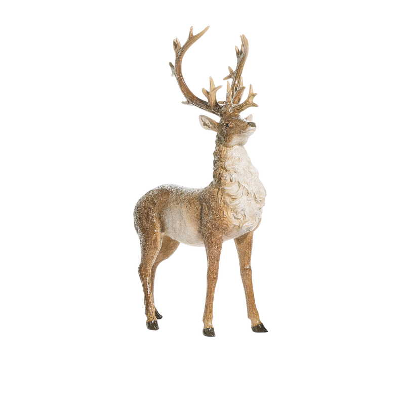 Natural brown resin deer figurine with large antlers and a textured, snow-dusted finish.
