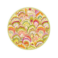 Round paper salad and dessert plate with a colorful, layered peacock feather pattern.