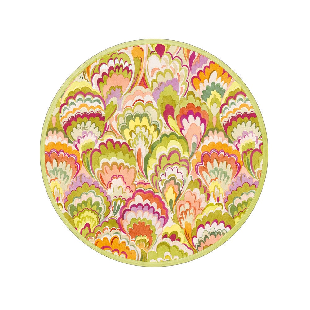 Round paper plate with a colorful, scalloped paisley pattern in green, pink, and orange.