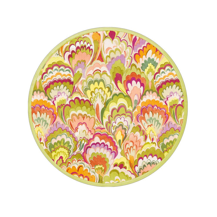 Round paper plate with a colorful, scalloped paisley pattern in green, pink, and orange.