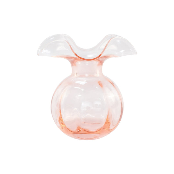 Pink Hibiscus Glass Bud Vase with a ruffled rim and round, ribbed body.