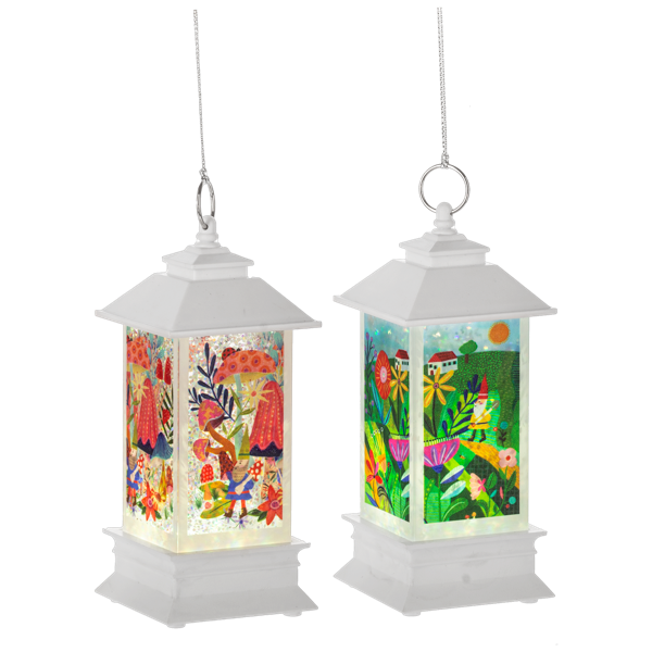 Multi-colored LED light-up whimsy gnome lantern with shimmering finish.