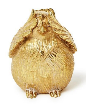 Three gold resin bird figurines in See No Evil, Speak No Evil, and Hear No Evil poses.