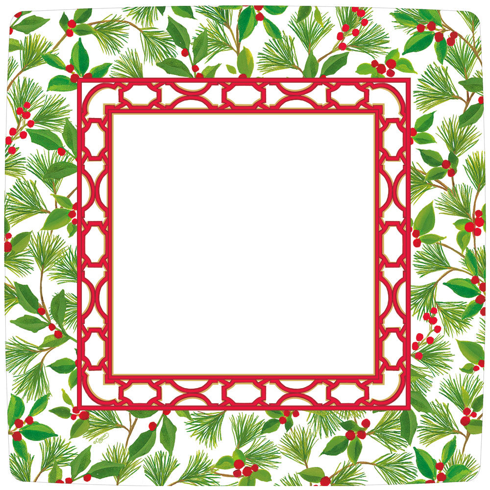 Square white dinner plate with a red lattice border and a pine and holly berry pattern.