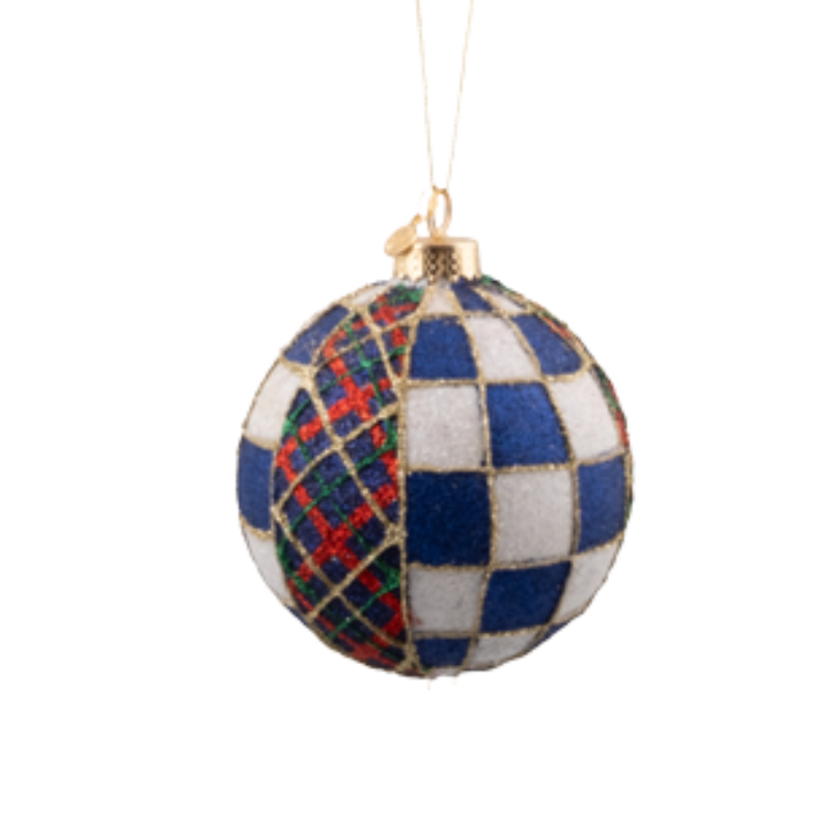 Navy Tartan Glass Ball Ornament featuring a blue and white checkered pattern with red accents.