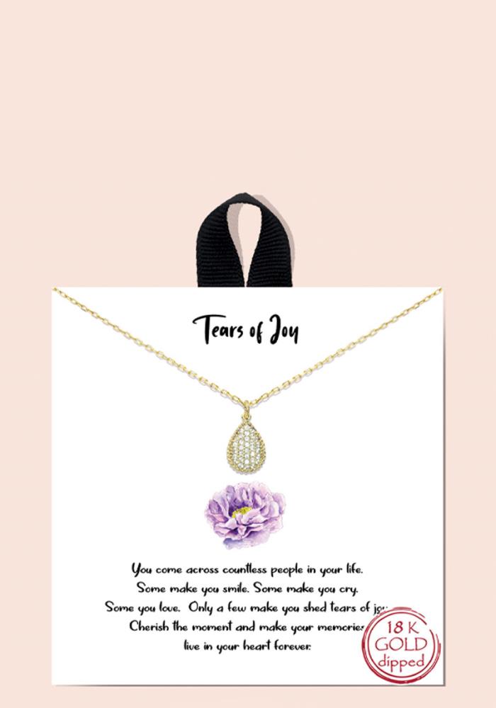 Teardrop of Joy Necklace with 18K gold dipped chain and crystal-encrusted teardrop pendant.